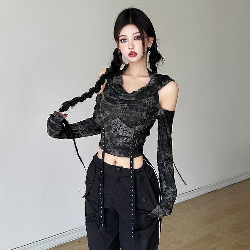 Street Fashion Y2K - Off-shoulder hoodie met lange mouwen, T-shirt