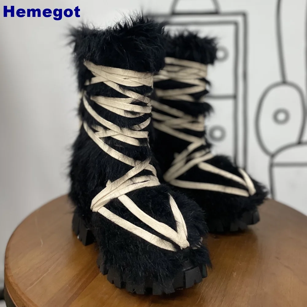 Street Fashion Y2K - Dames Zwarte Vachtlaarzen met Plateauzool, Ronde