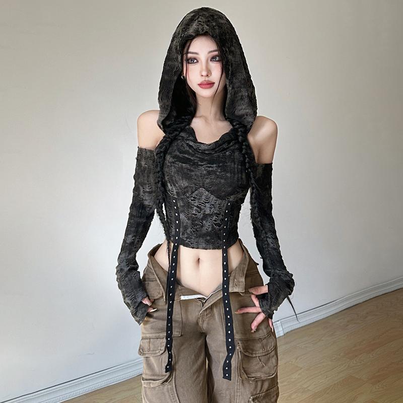 Off-shoulder hoodie met lange  - Street Fashion Y2K recensie en prijs