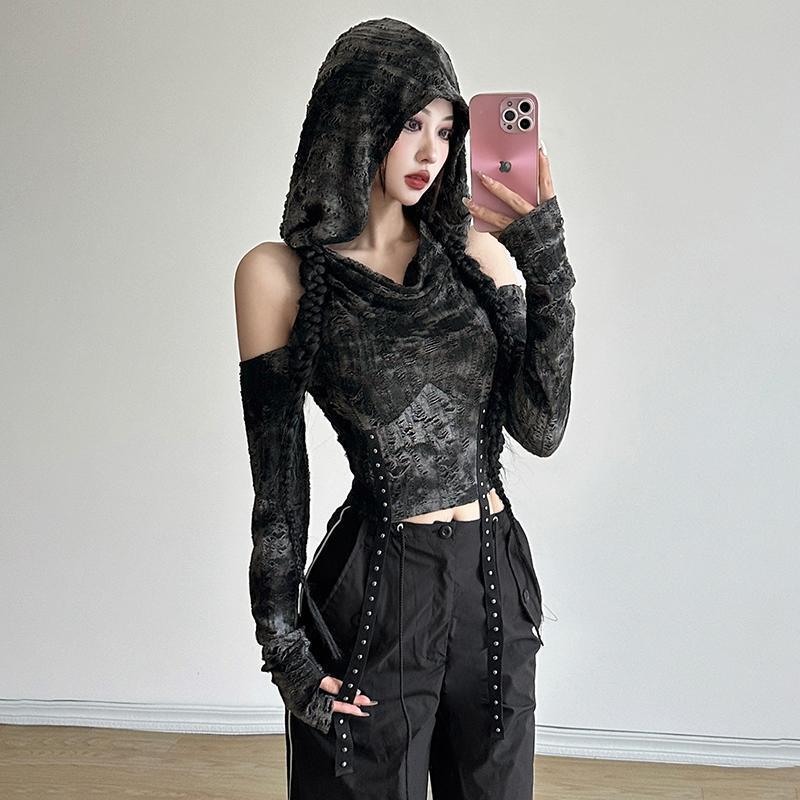 Off-shoulder hoodie met lange  - Street Fashion Y2K recensie en prijs